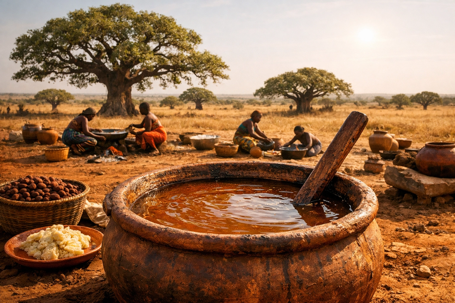 Traditional shea butter extraction process in the West African savanna with clay vessels and shea trees.