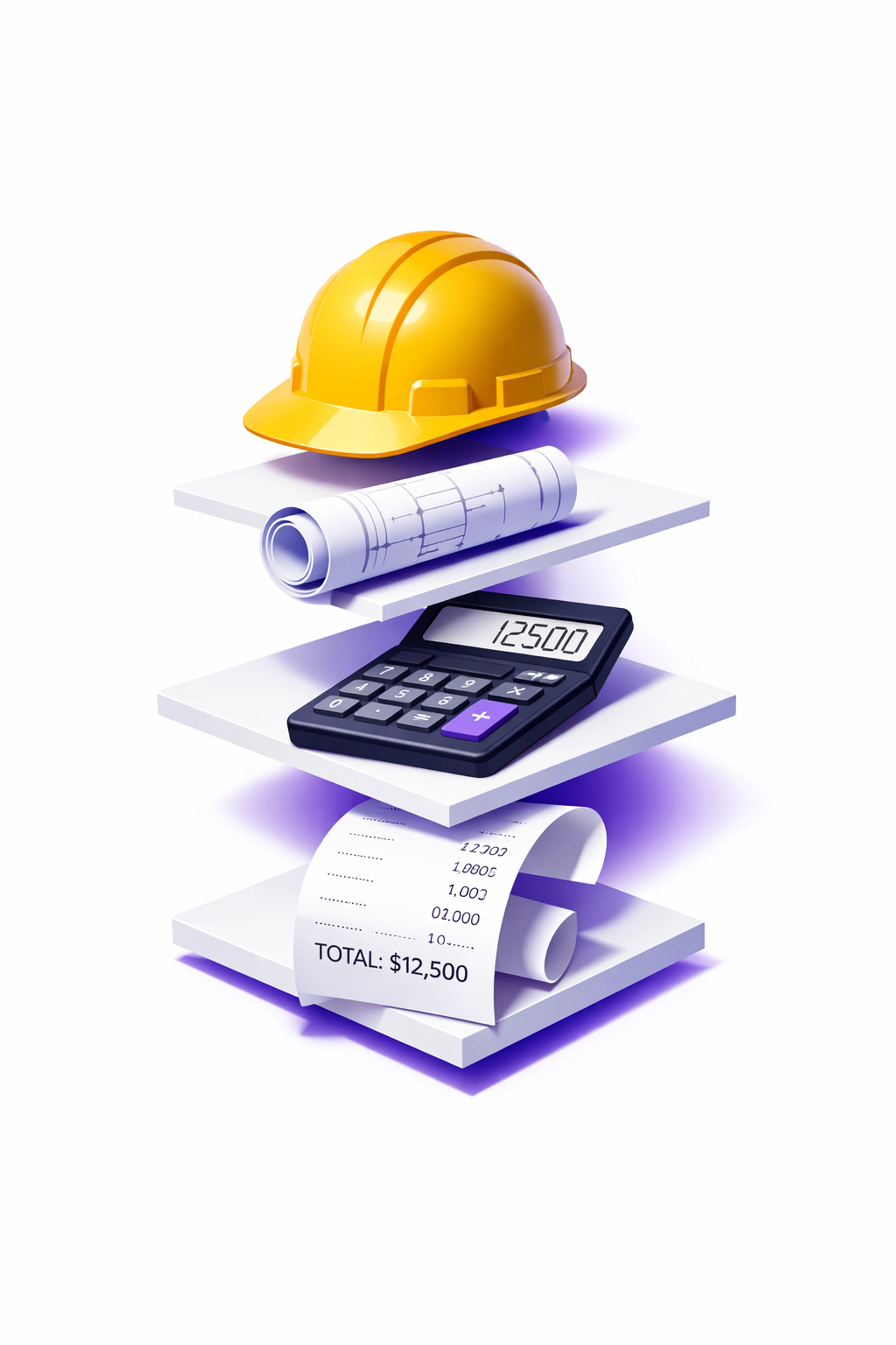 Construction job costing elements including hardhat, blueprints, calculator, and receipts for expense tracking