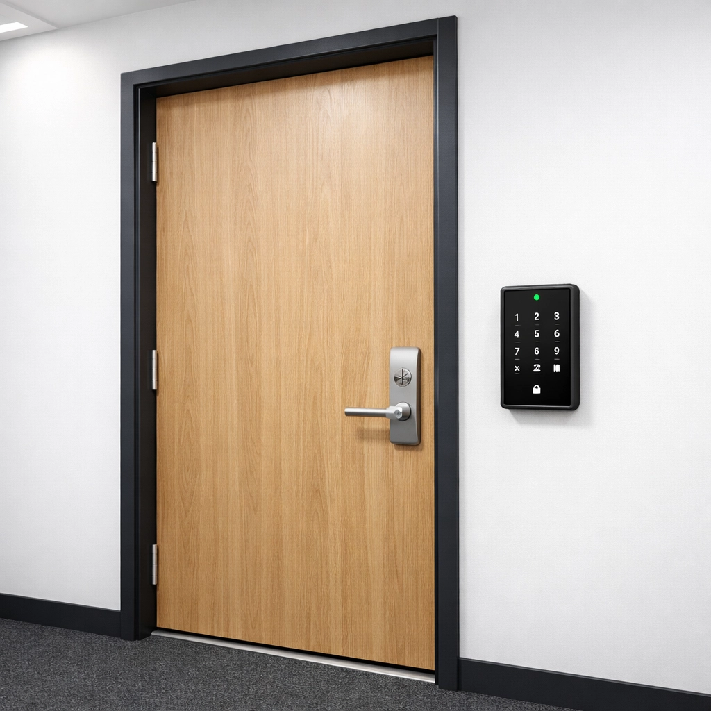 Digital security keypad on a studio door to prevent theft and protect music studio equipment.