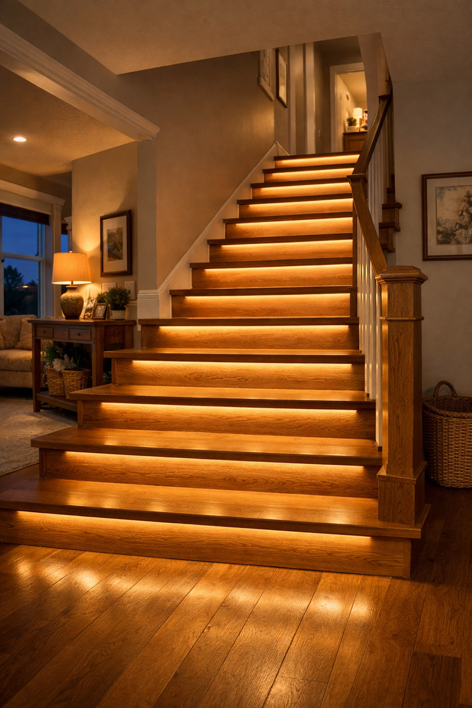 Motion-activated LED light strips under wooden steps to improve staircase visibility at night.