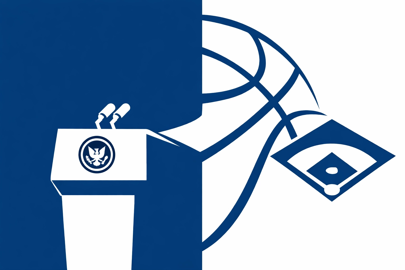 Presidential podium merging with sports icons to illustrate the intersection of politics and athletic culture.