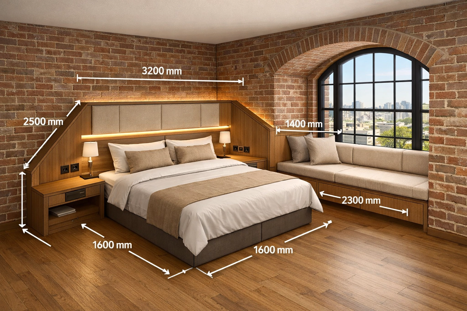 Custom hotel furniture fitted to unique room layout with built-in charging and lighting