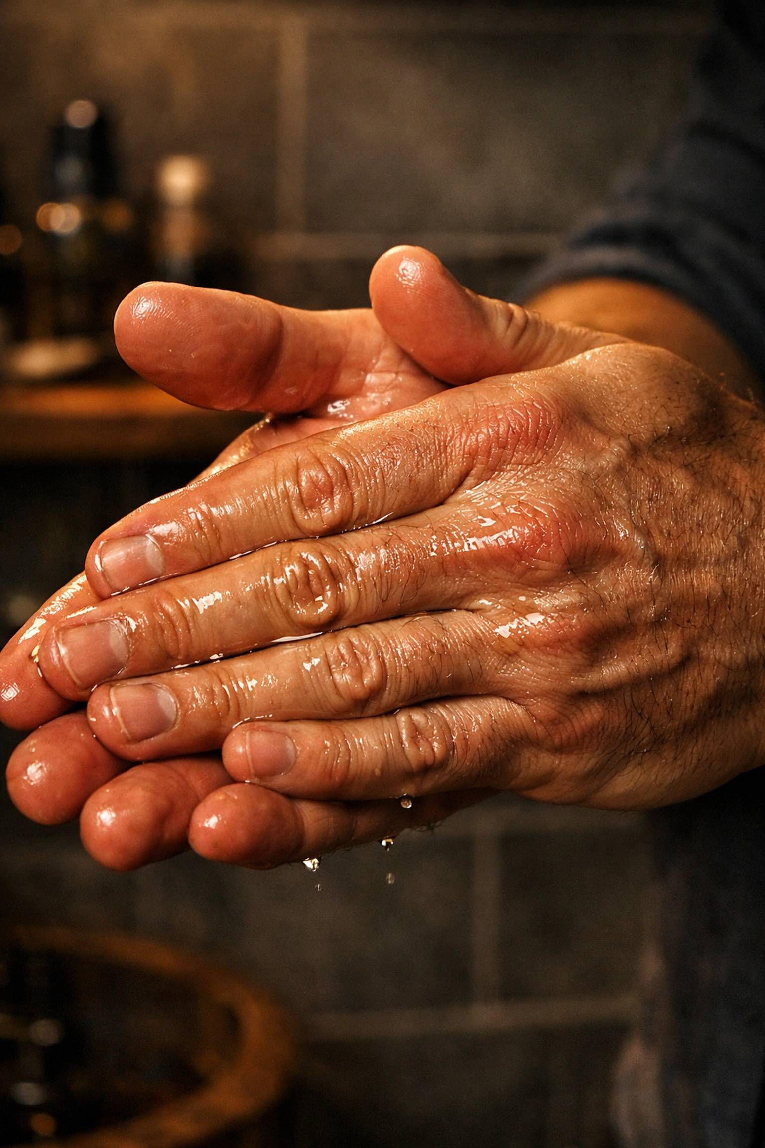 Proper beard oil application showing a man rubbing oil drops between his palms.
