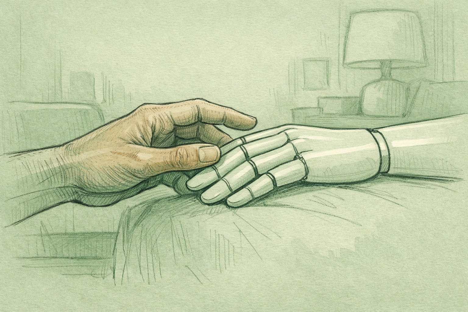 Human hand reaching for artificial hand symbolizing longing for real connection in MM romance