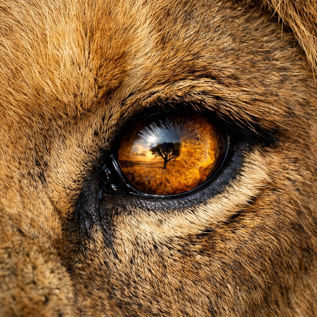 Macro view of a lion's eye reflecting the savannah, highlighting high-quality wildlife photography.