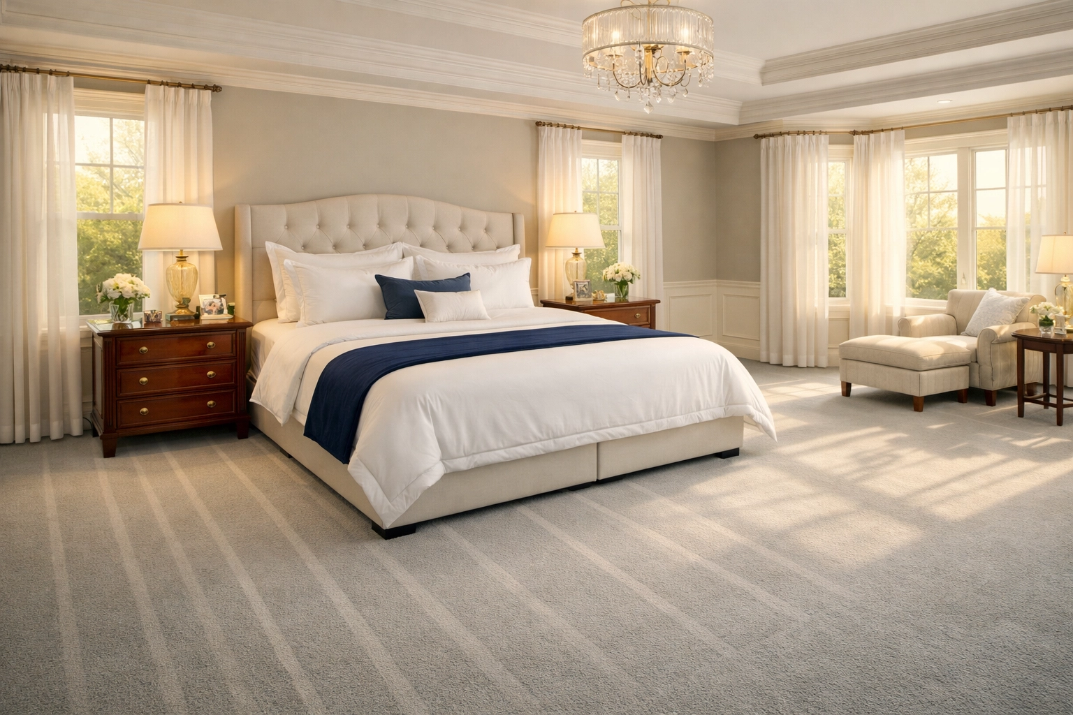 A professionally cleaned bedroom in a Wellesley MA estate showing vacuum lines and a ninja-level reset.