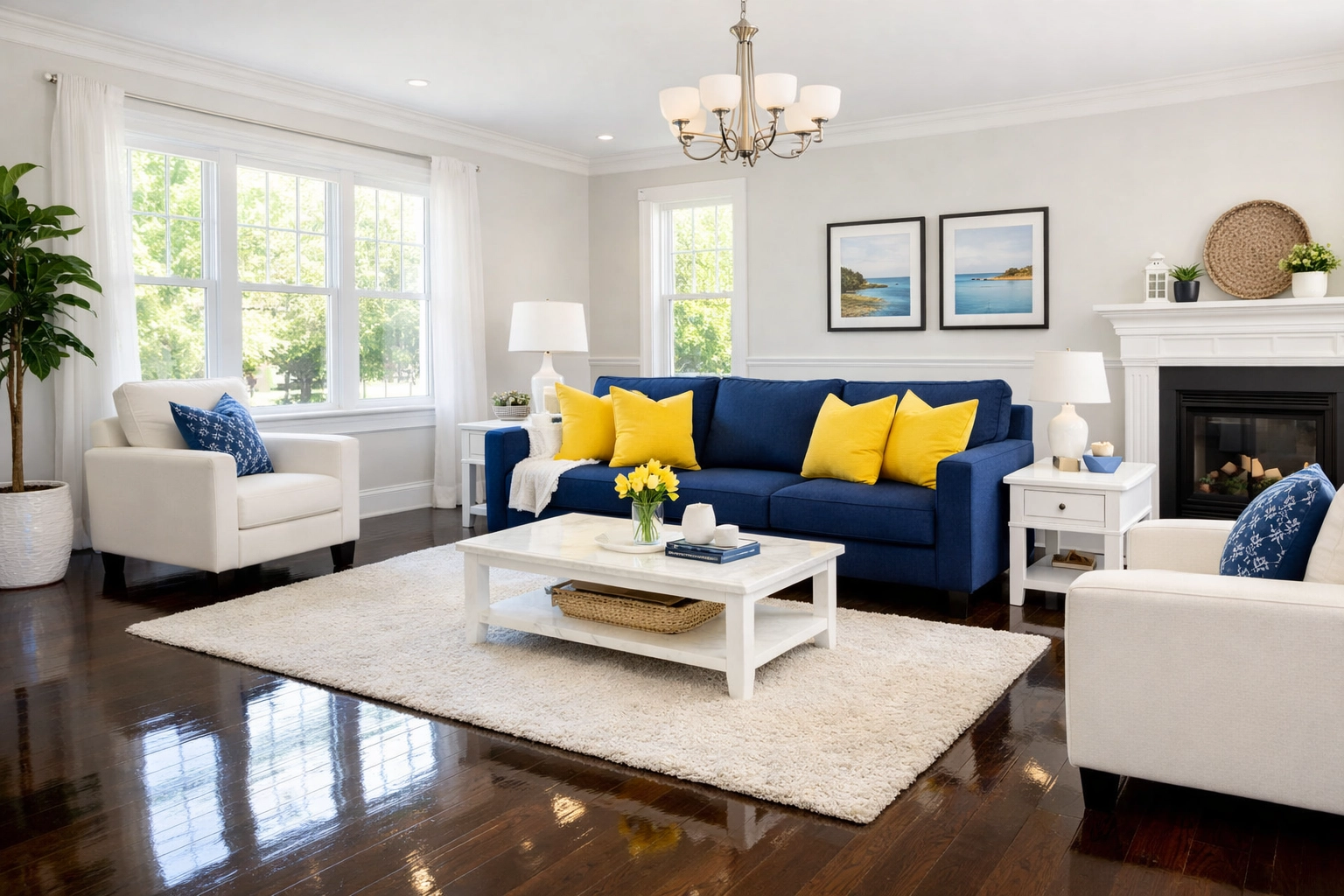 Sun-drenched Billerica living room with polished floors after a bi-weekly house cleaning service.