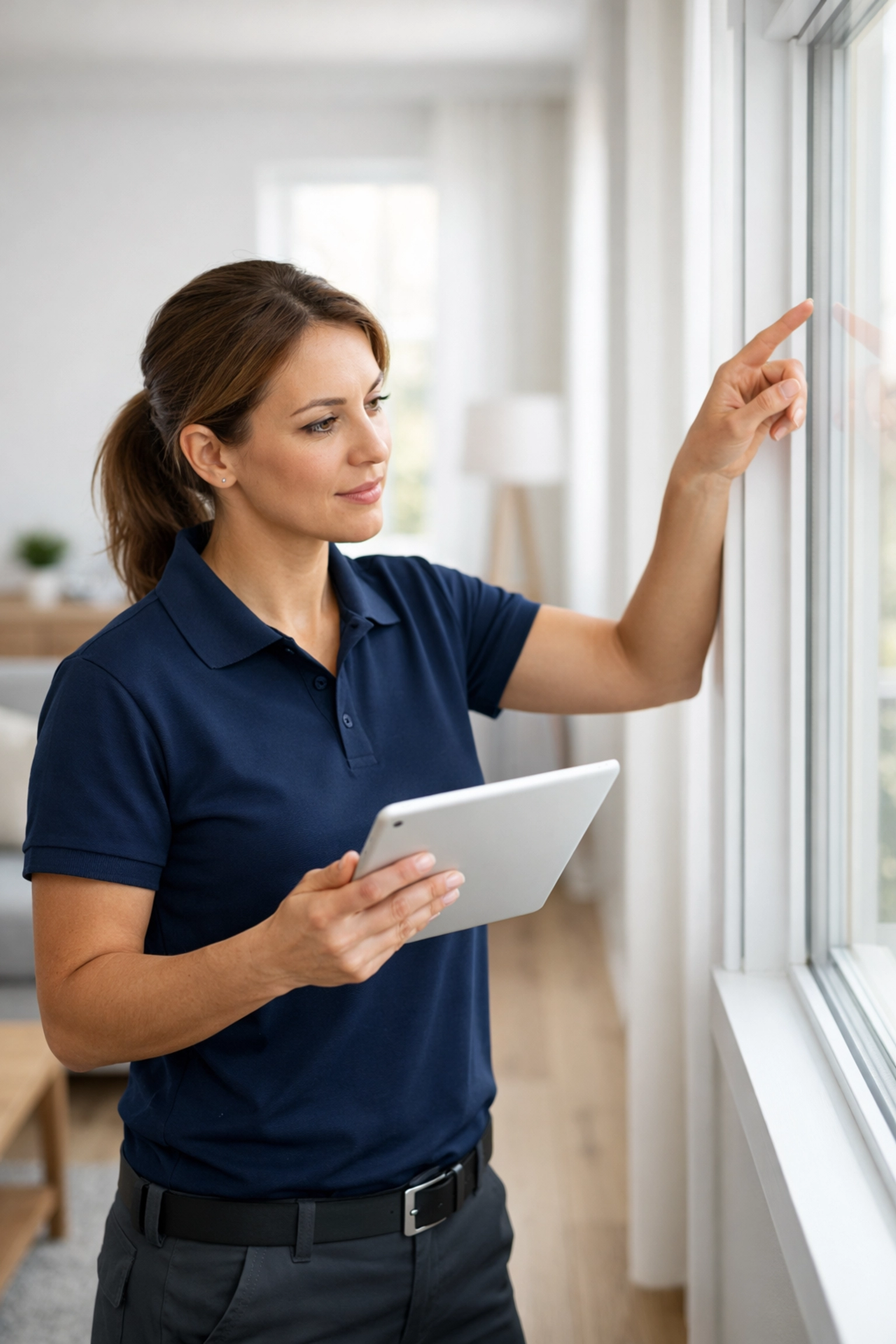 Property manager using a digital tablet for an apartment turnover inspection.