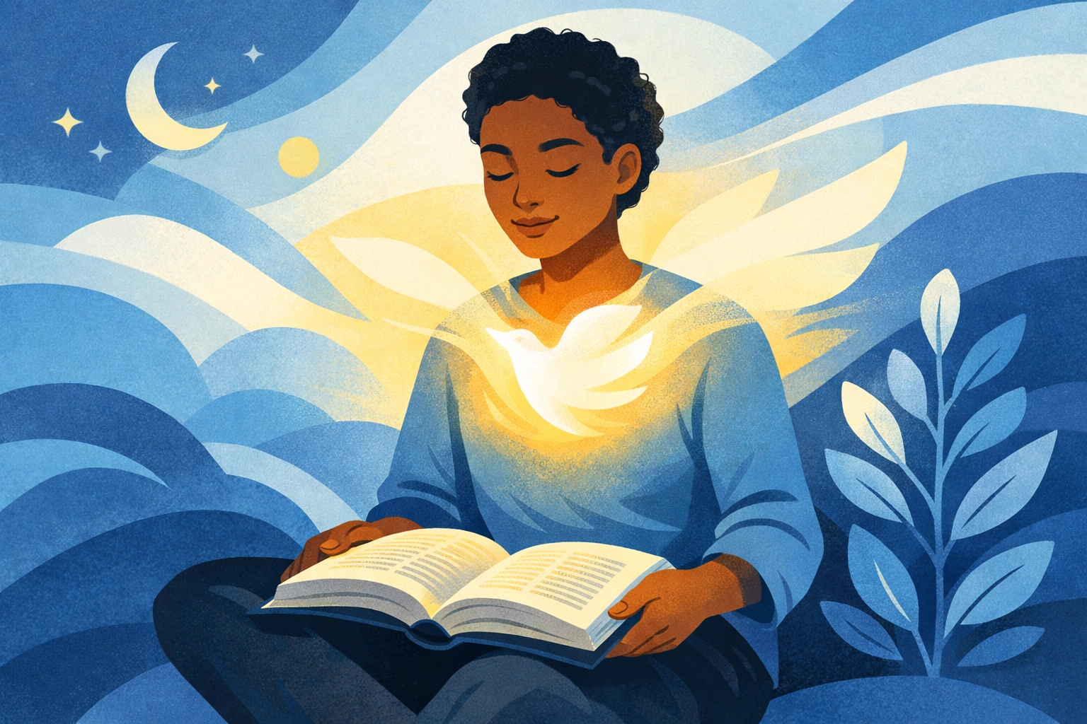 [Illustration] The Holy Spirit bringing assurance while reading Scripture