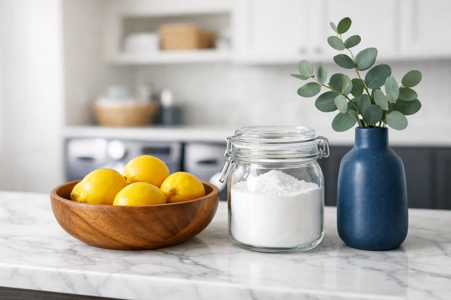 Eco-friendly cleaning essentials including baking soda and lemons on a marble counter in a Lexington home.