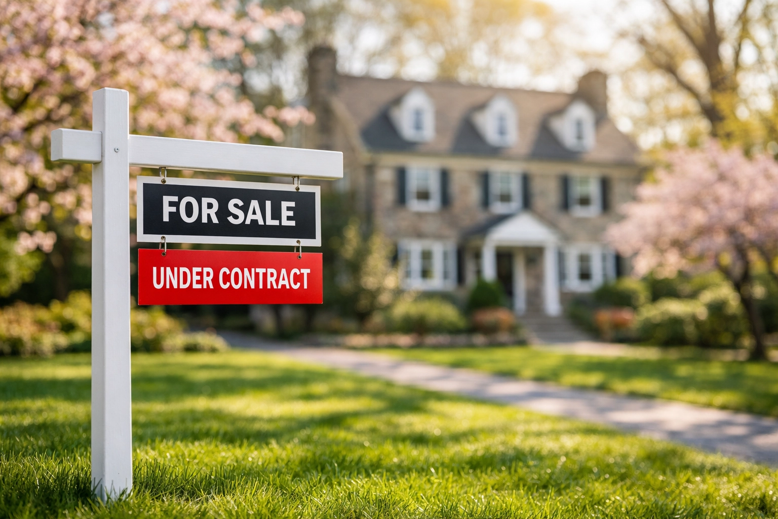 Stone colonial house in Lower Merion with an under contract sign illustrating tight Philly real estate inventory. Stone colonial house in Lower Merion with an under contract sign illustrating tight Philly real estate inventory.