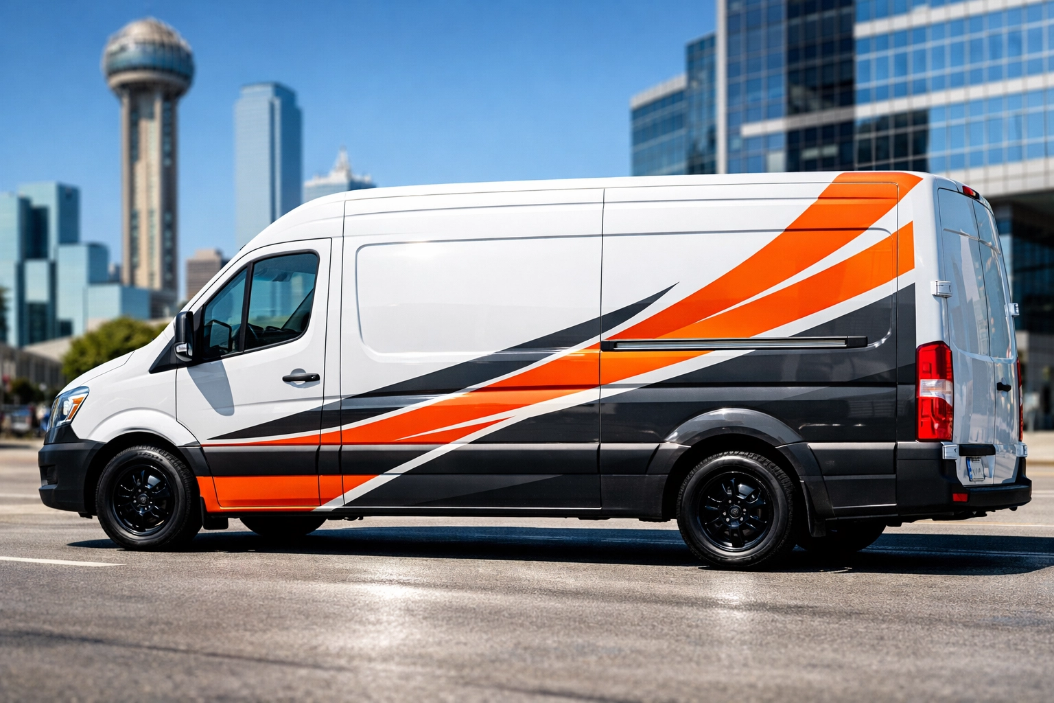 Custom vinyl vehicle decals and partial wrap on a professional service van in a Dallas city setting.