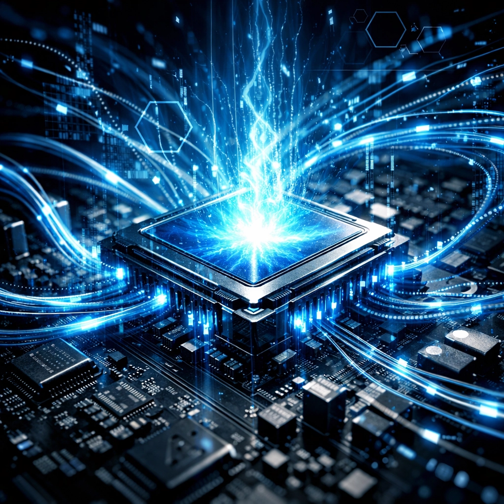 High-speed CPU with glowing data paths illustrating dedicated server performance tuning for SEO.