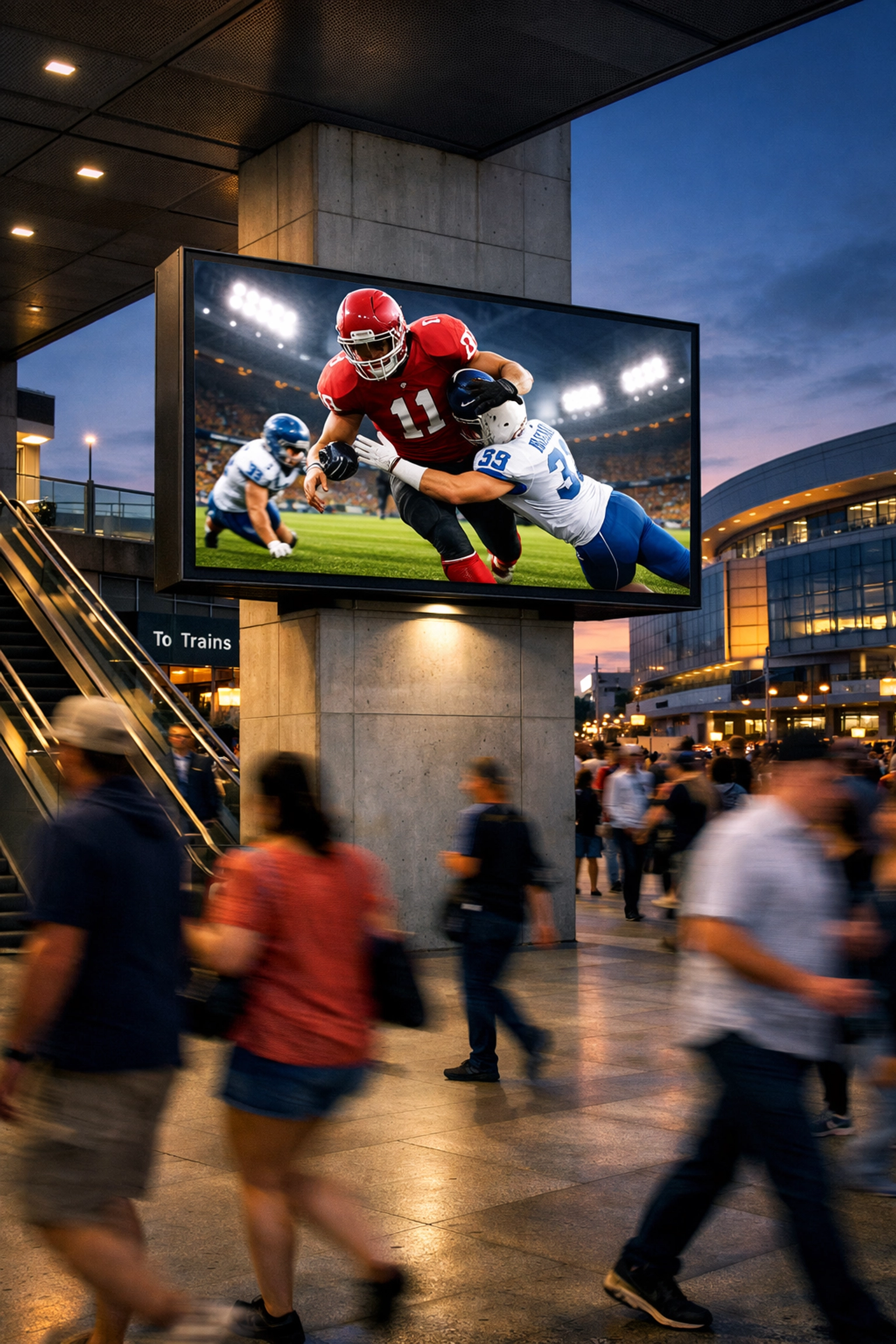 Programmatic digital billboard at a transit hub reaching sports fans near a major urban arena.