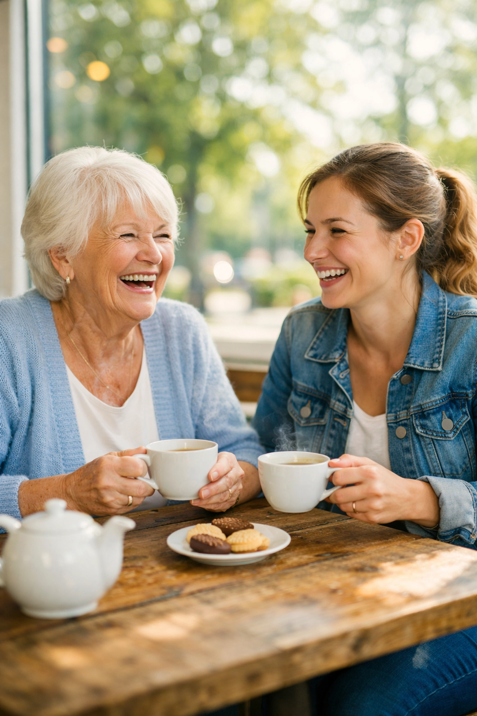 An elderly woman and caregiver at a Southampton cafe, illustrating elderly companion services.