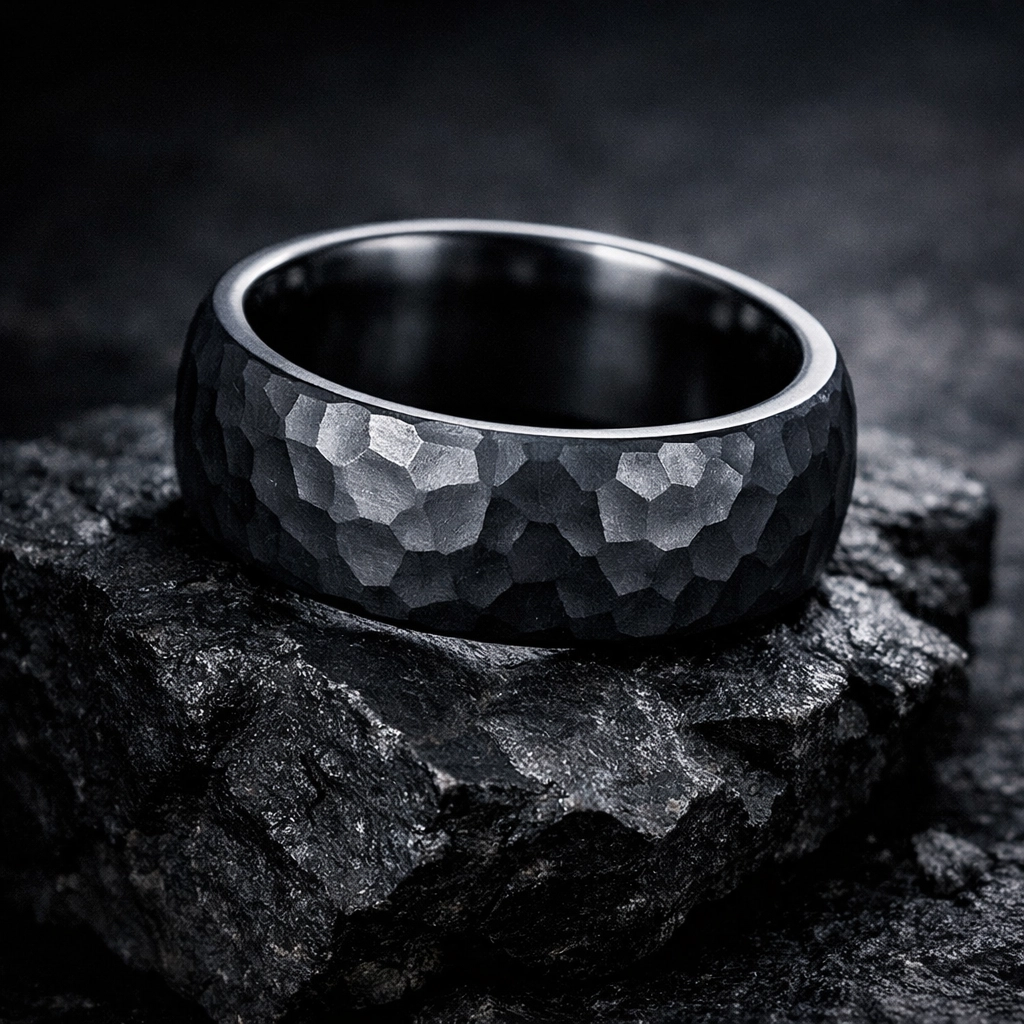 Hammered tantalum mens ring with a dark grey finish, showing a durable and textured surface for work.