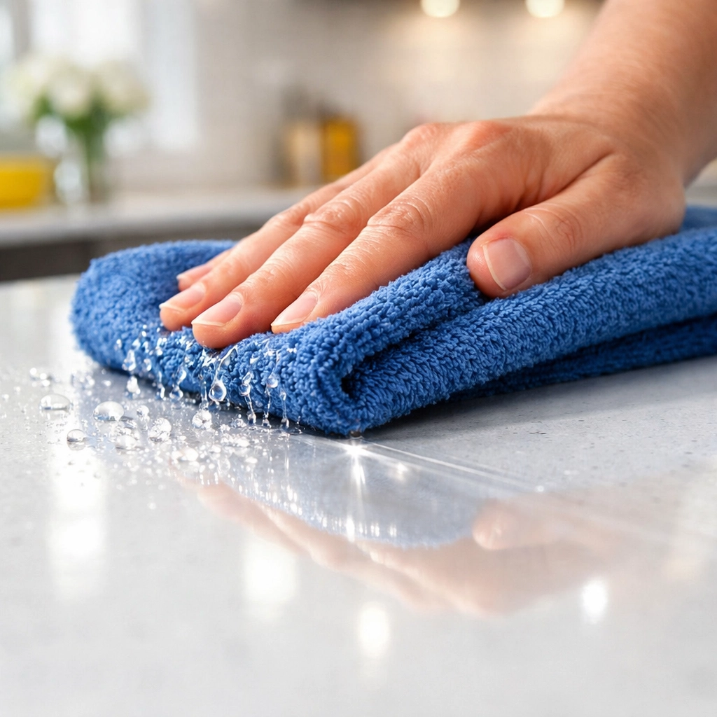 Detail of a professional cleaner using a microfiber cloth on a kitchen counter to improve air quality.