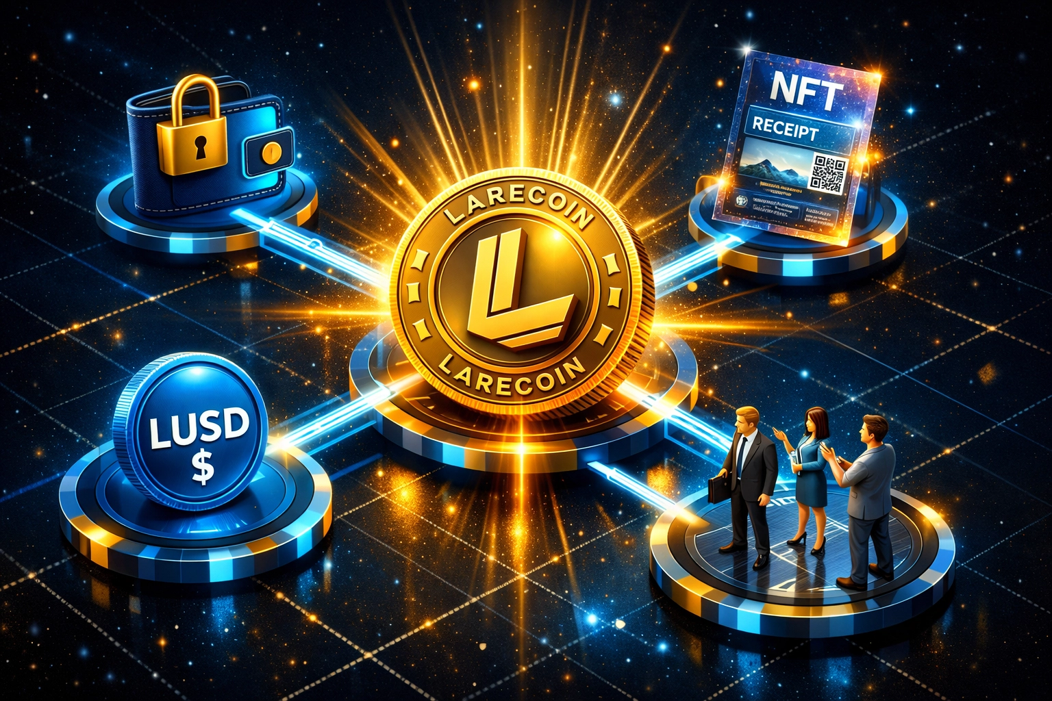 Larecoin ecosystem showing receivables token, NFT receipts, LUSD stablecoin, and self-custody wallet