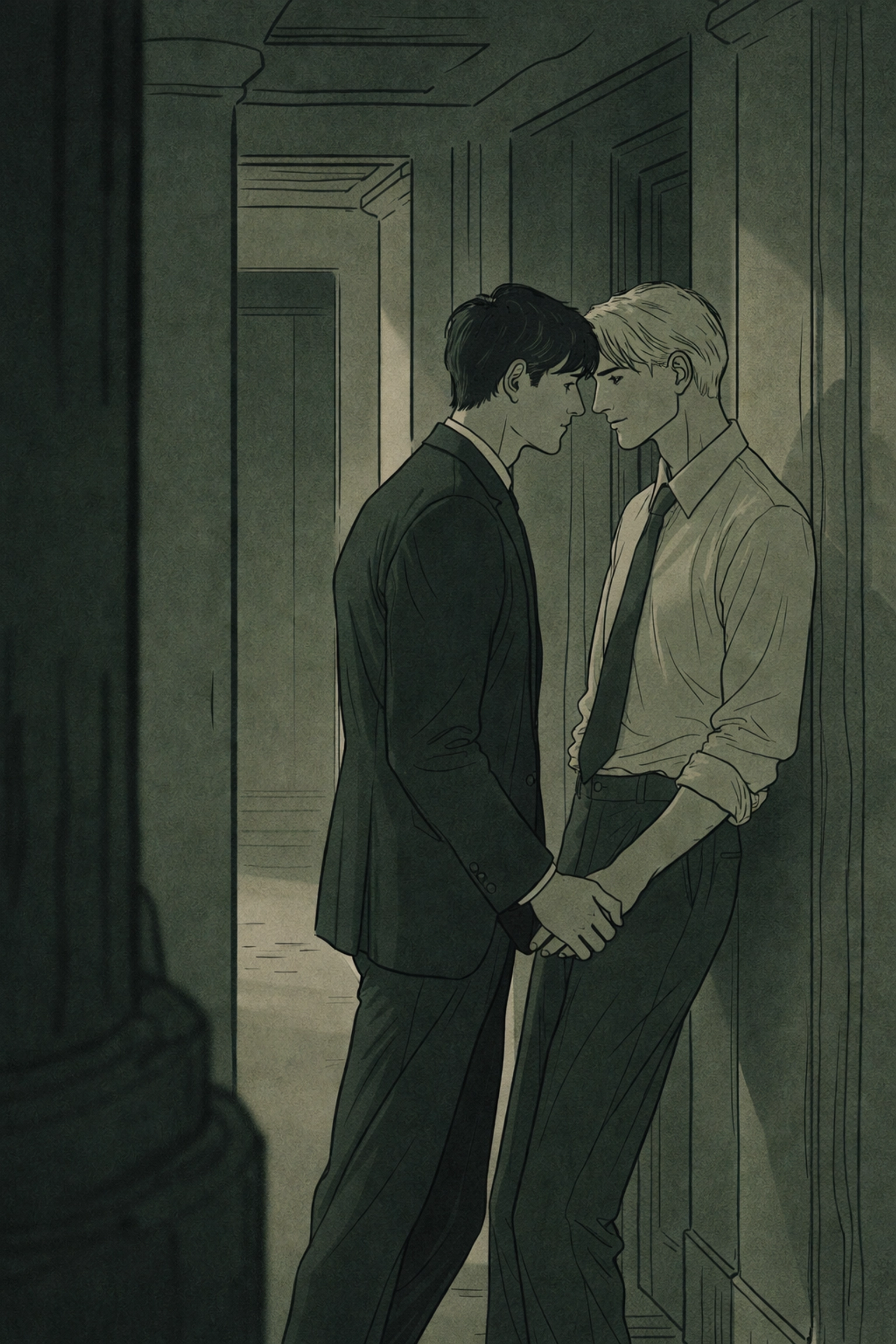 Two men exchange a secret touch in a shadowy corridor, capturing forbidden MM romance and desire in LGBTQ+ fiction.