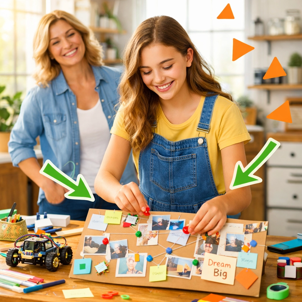 Mother supporting her teenage daughter as she learns life skills through a creative project.