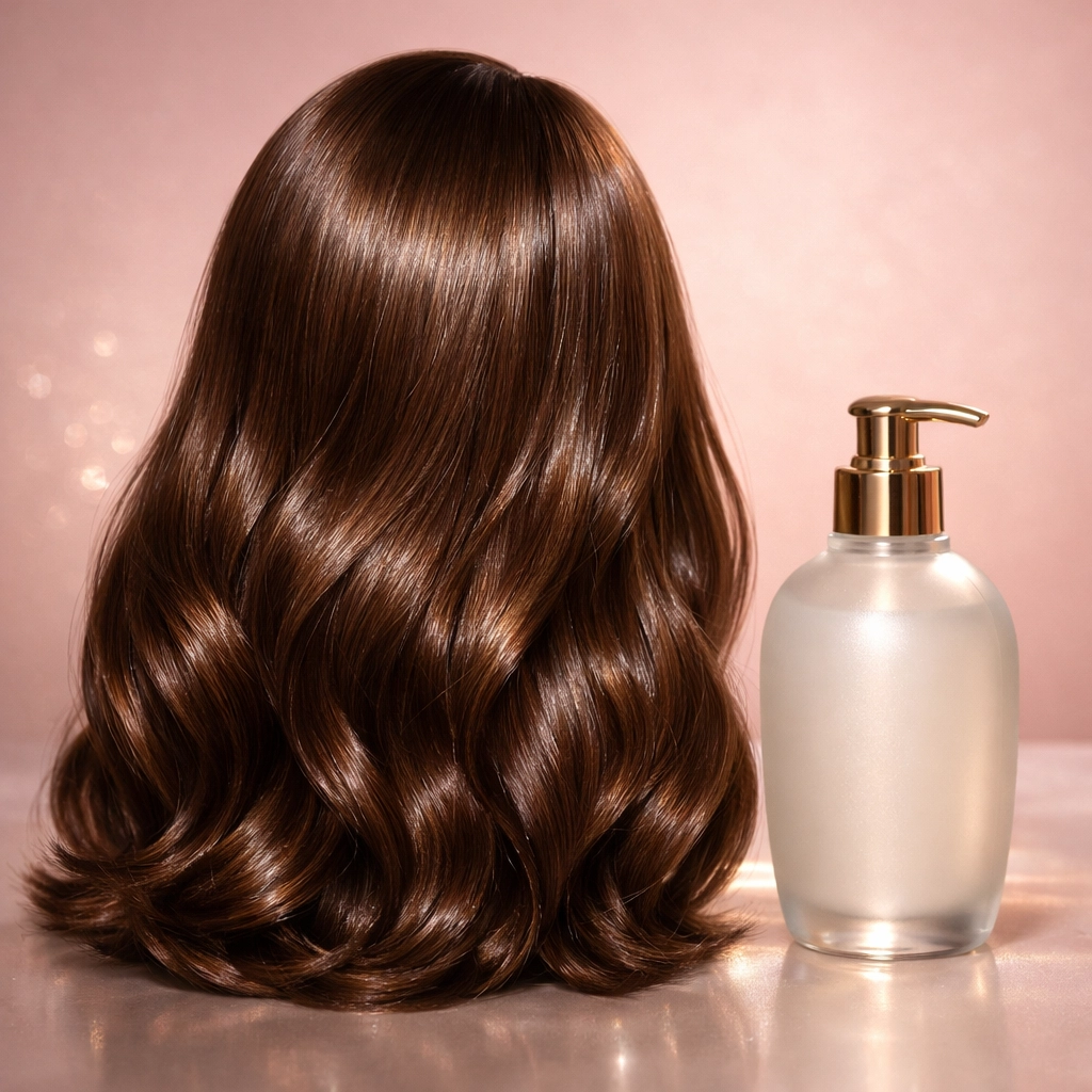 Maintaining a brunette synthetic wig with specialty conditioner for a soft, natural look.