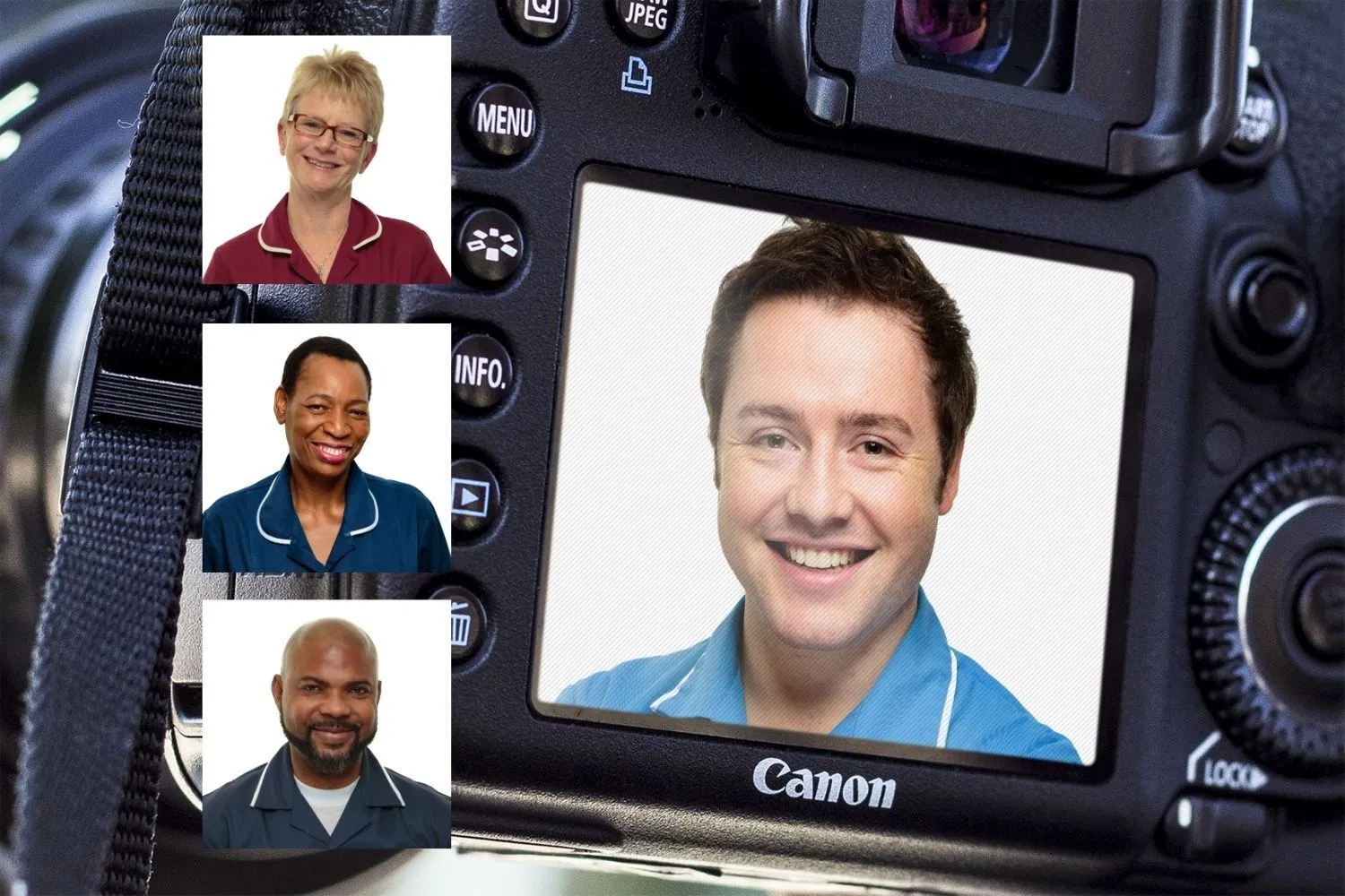A Canon camera displaying professional headshots, highlighting the precision required for corporate photography.