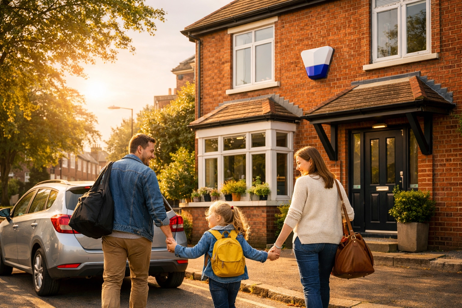 Family leaving their secure home with a visible professional intruder alarm bell box for peace of mind.