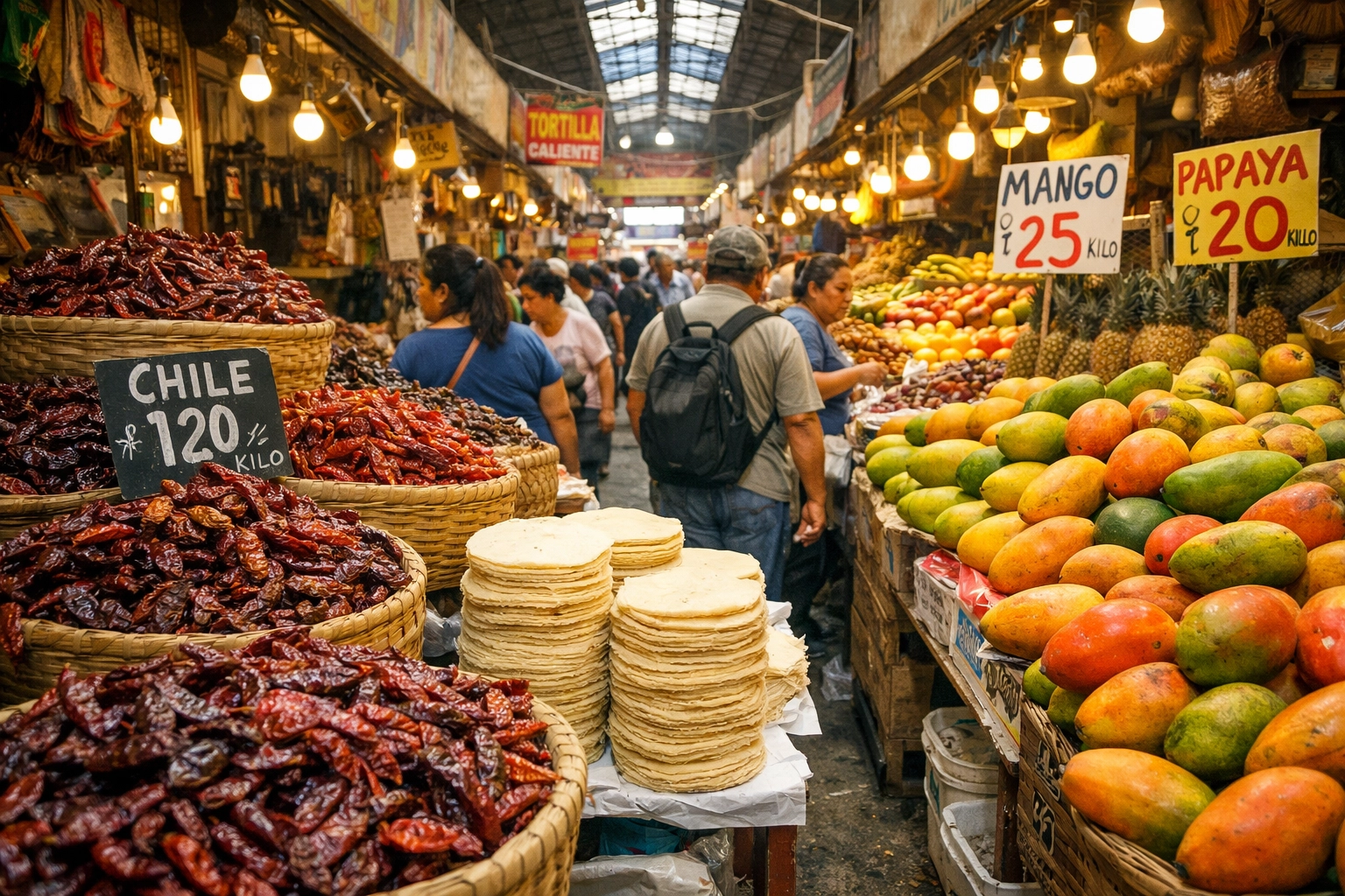 Mercado La Merced food aisle with chilies and fruit, top Mexico City cheap eats market