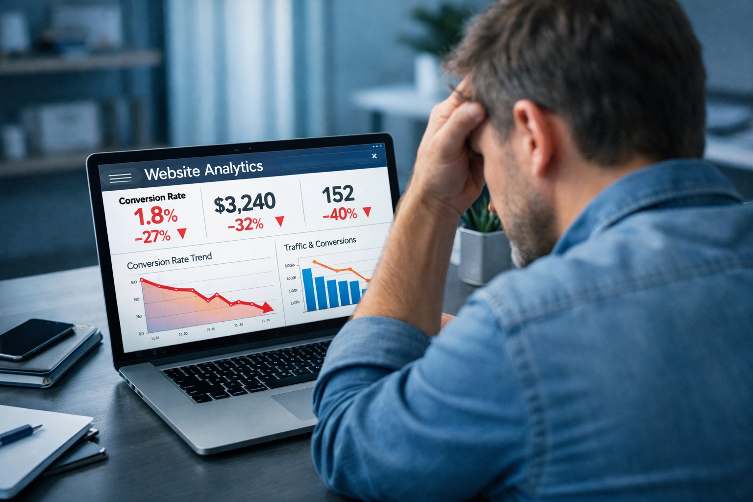 Small business owner analyzing declining website conversion rates on laptop