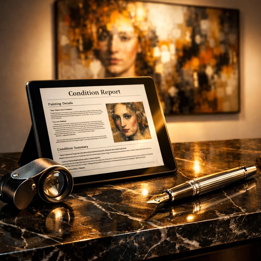 A digital tablet displaying a fine art condition report next to appraisal tools for insurance review.