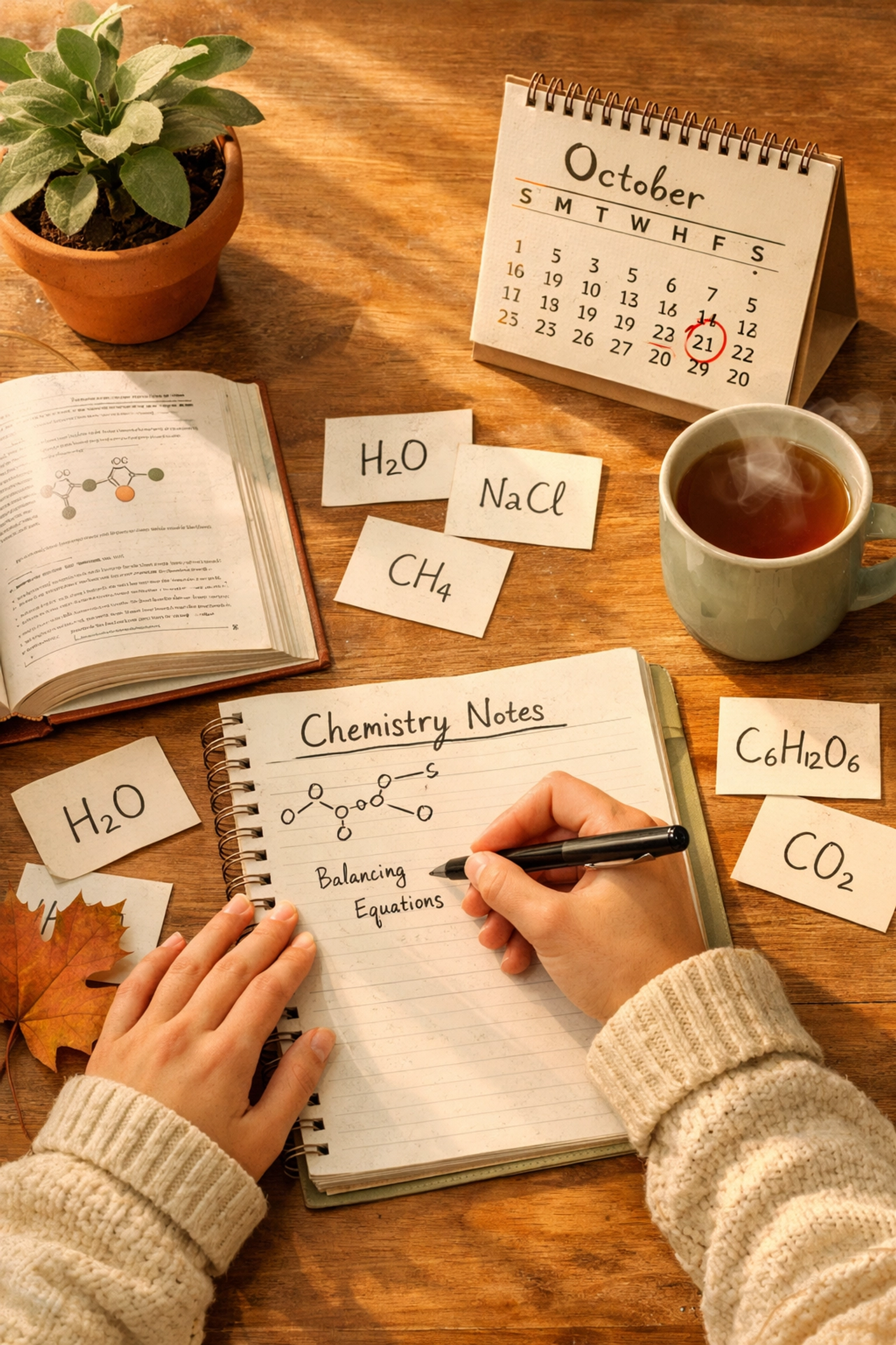 A Level Chemistry student studying in October with revision materials and calendar marking early intervention