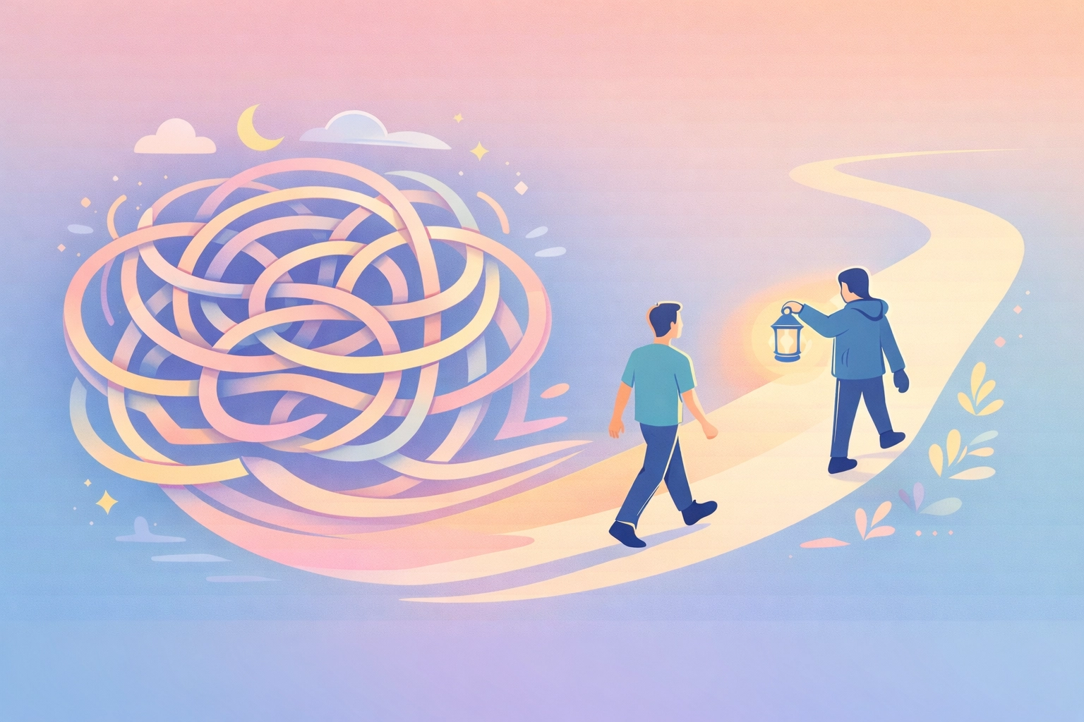 Ilustrasi labirin yang berubah menjadi jalan lurus melambangkan navigasi emosi selama proses terapi.