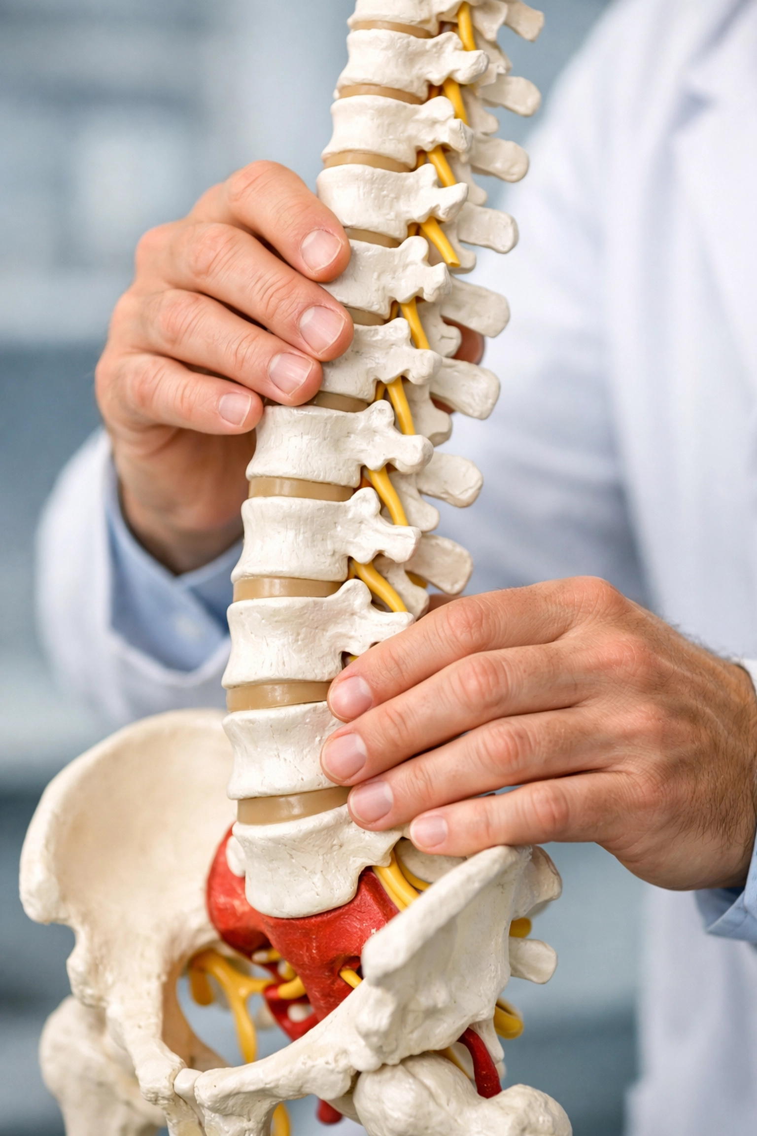Chiropractor's hands on a spinal model, highlighting expert care and foundation-first clinical authority.