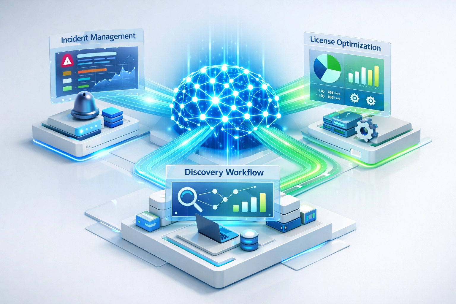 ServiceNow Agentic AI automation ecosystem with ITOM discovery and ITAM license optimization workflows