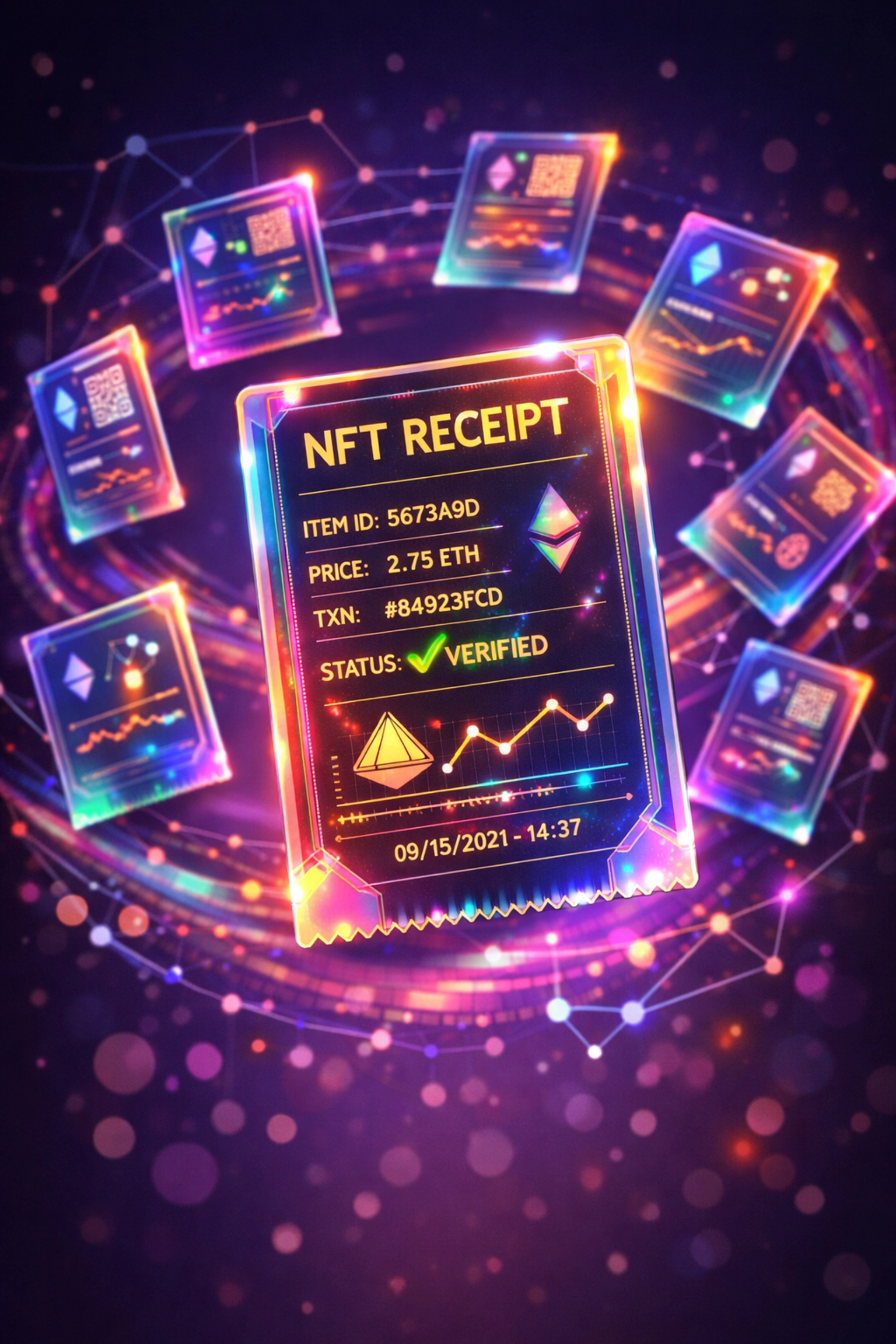 NFT receipt cards showing blockchain-verified transaction records for crypto merchant payments