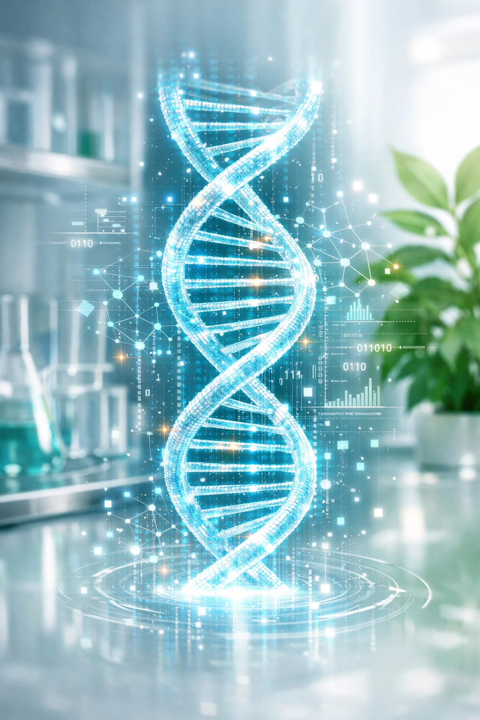 Holographic DNA helix and neural network patterns representing the convergence of AI and biotech in medical investment.