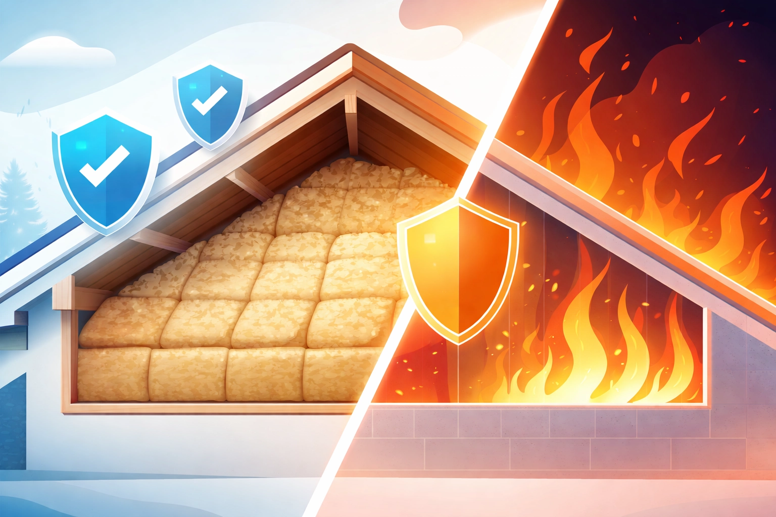 Visual comparison of Rockwool insulation protecting a loft from fire versus flames blocked by a barrier.