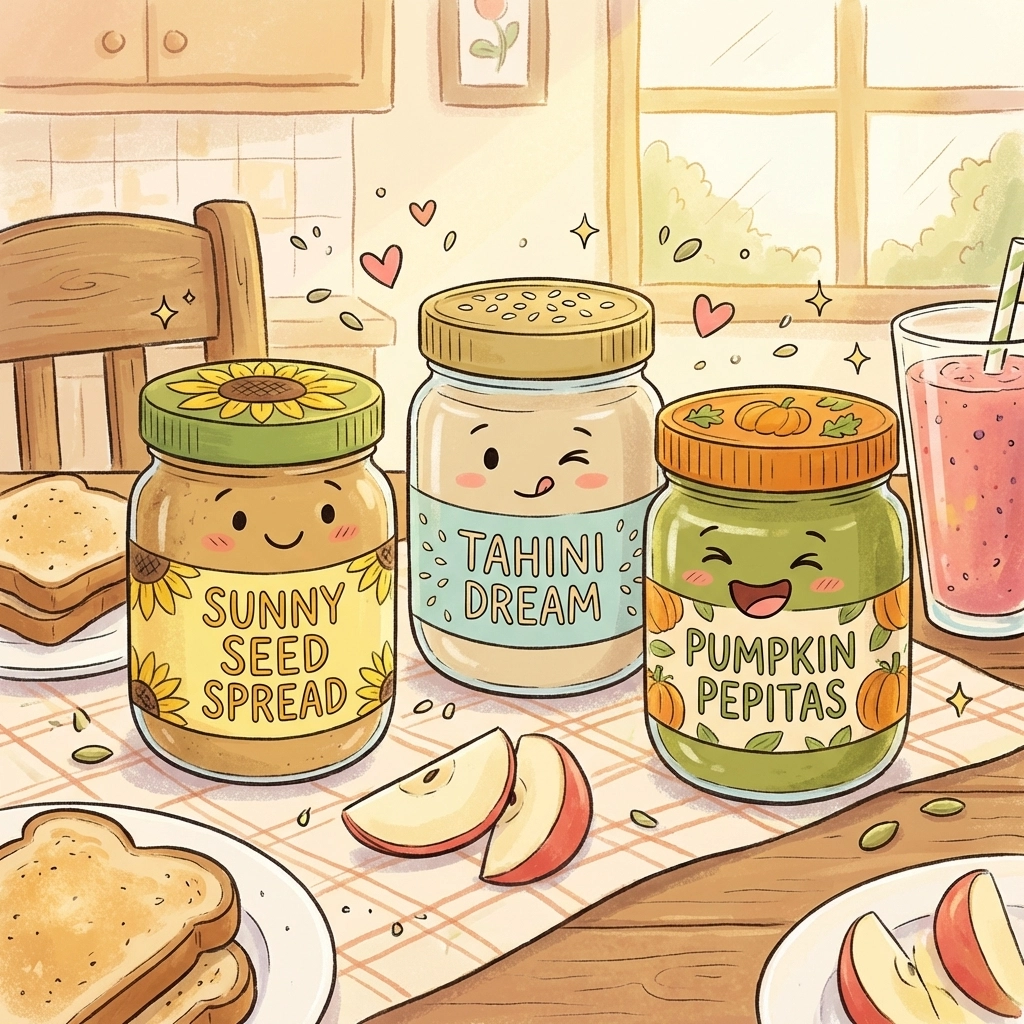 Cute jars of nut-free butter alternatives and healthy snacks on a sunny breakfast table