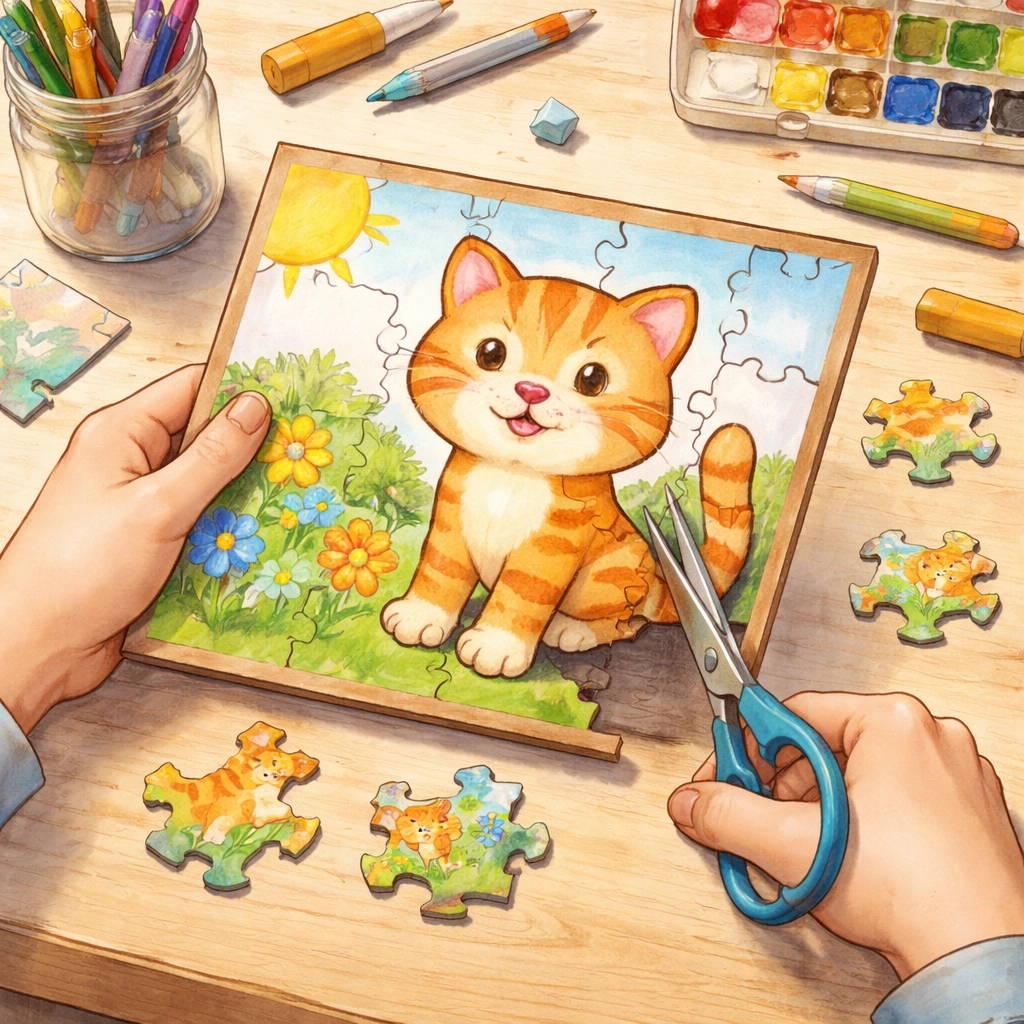 Adult hands cutting a colorful cat drawing on cardboard into puzzle pieces for a fun DIY learning project.