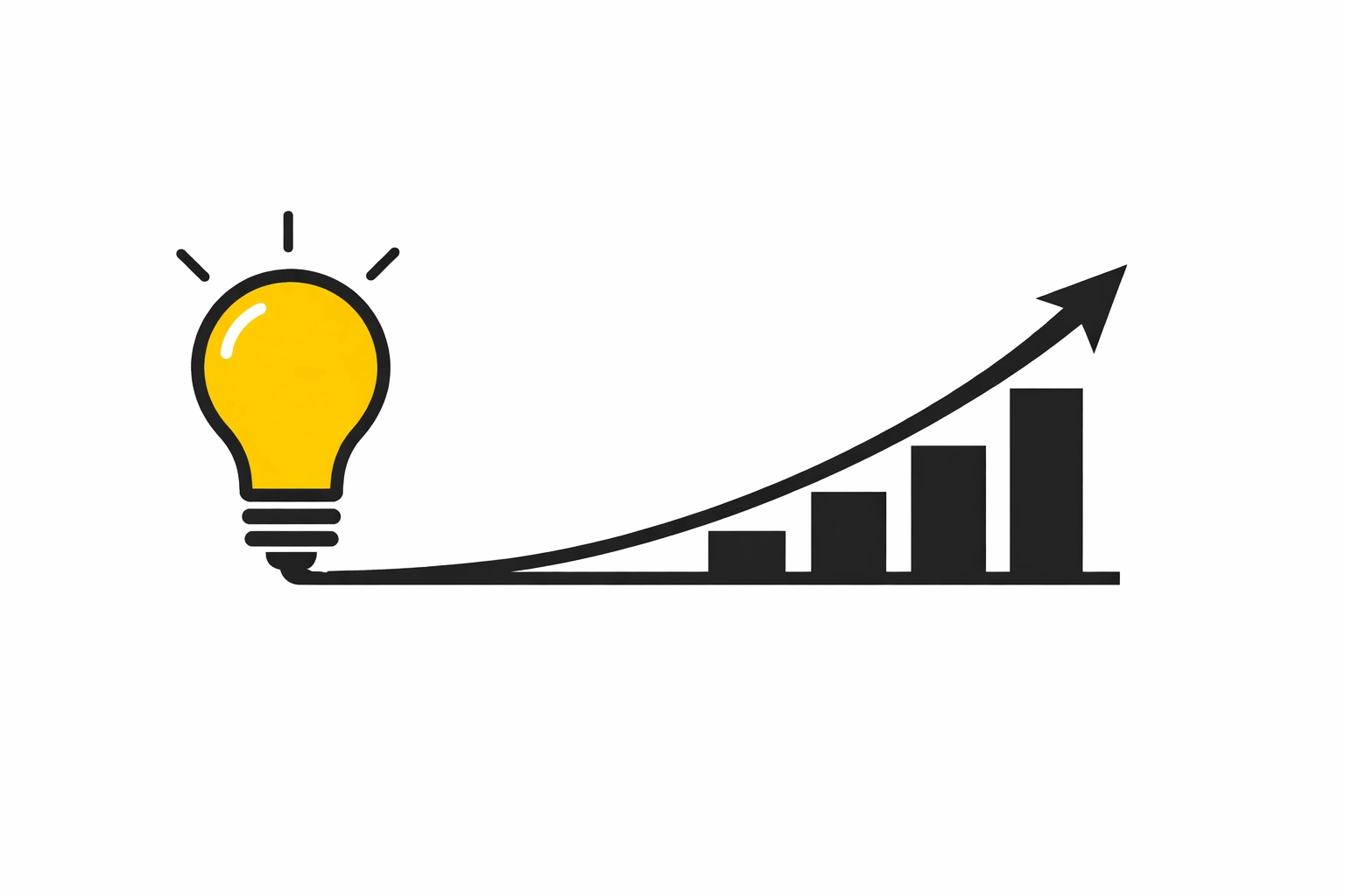 A yellow lightbulb connected to a rising bar graph illustrating growth through strategic HRIS investment.