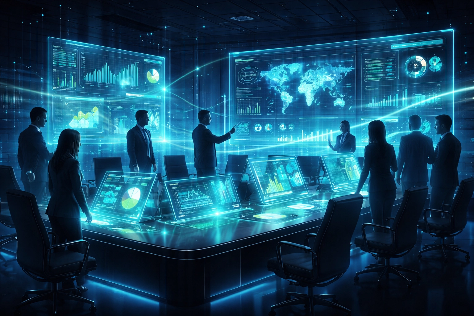 Futuristic boardroom with executives using holographic AI interfaces represents collaborative AI strategy alignment.