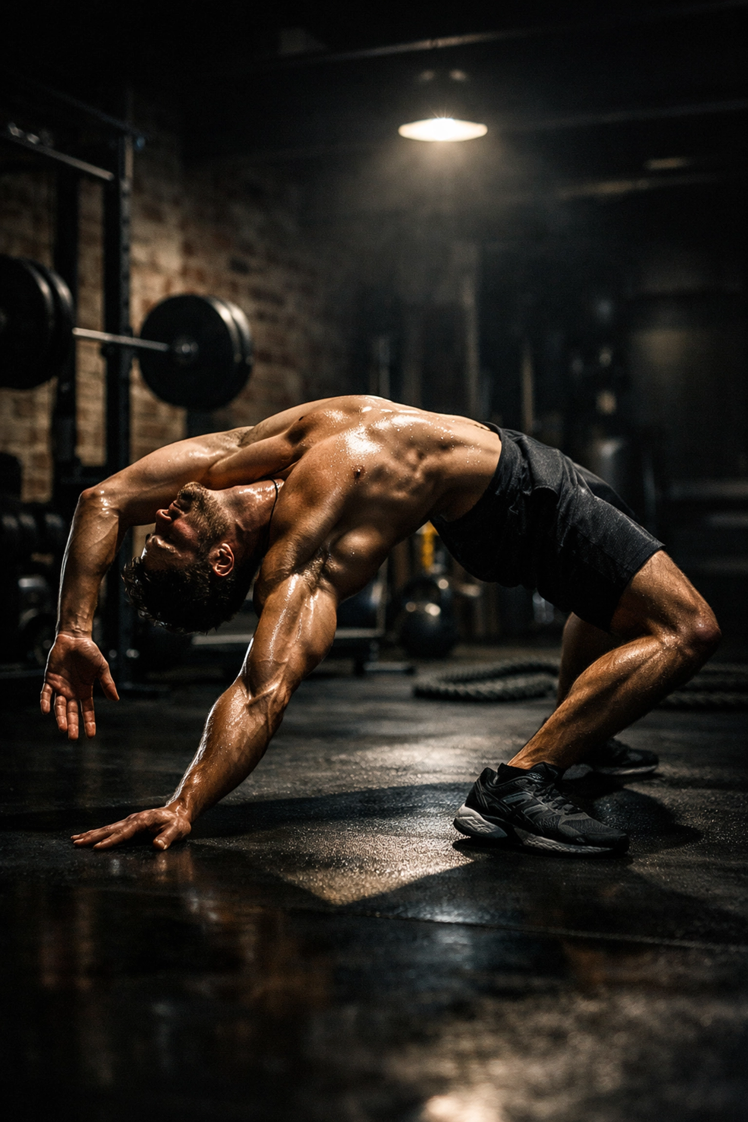 Athlete performing a dynamic warm-up stretch in a home garage gym before a full body workout.