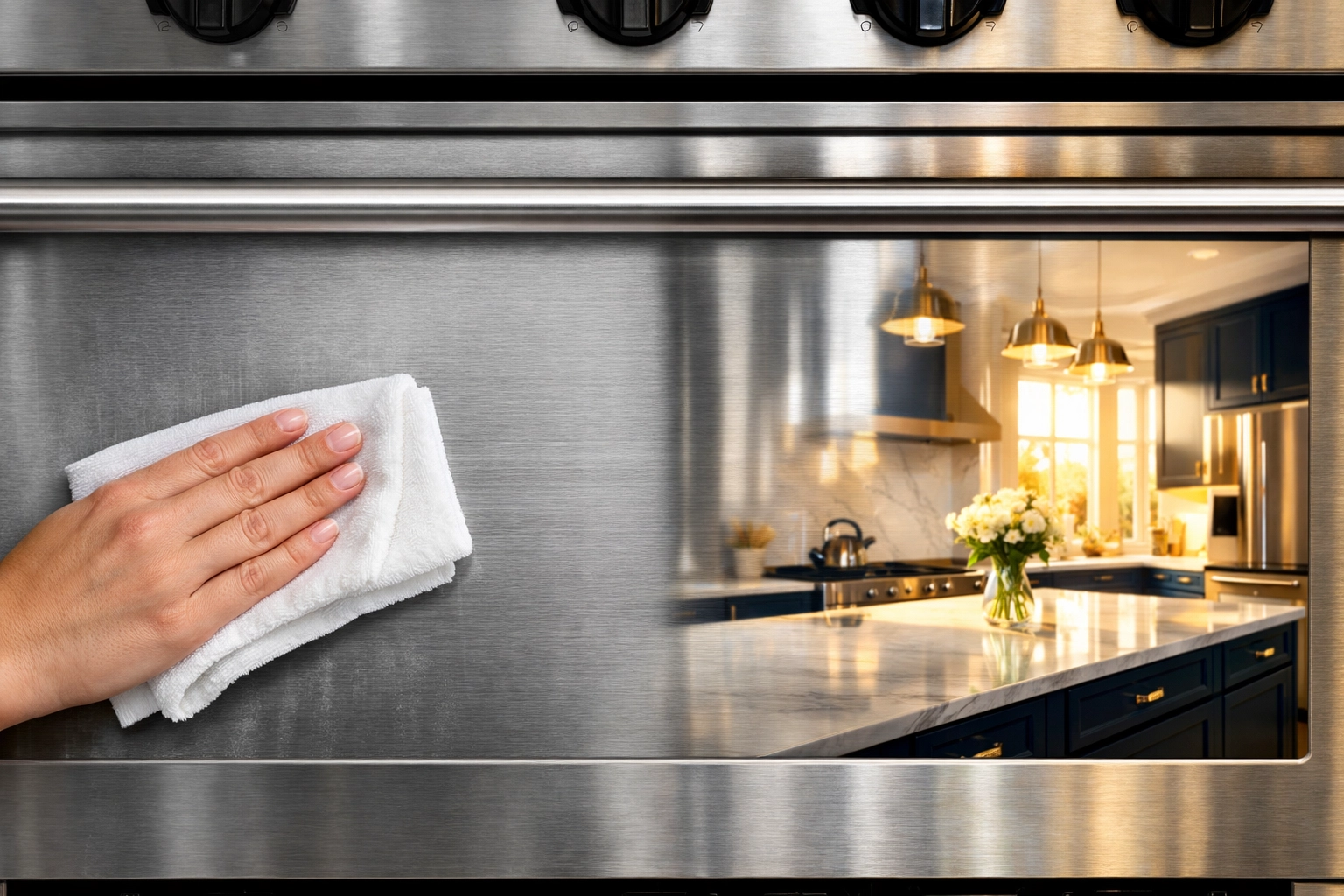 Buffing a stainless steel appliance in the direction of the grain for a scratch-free finish.