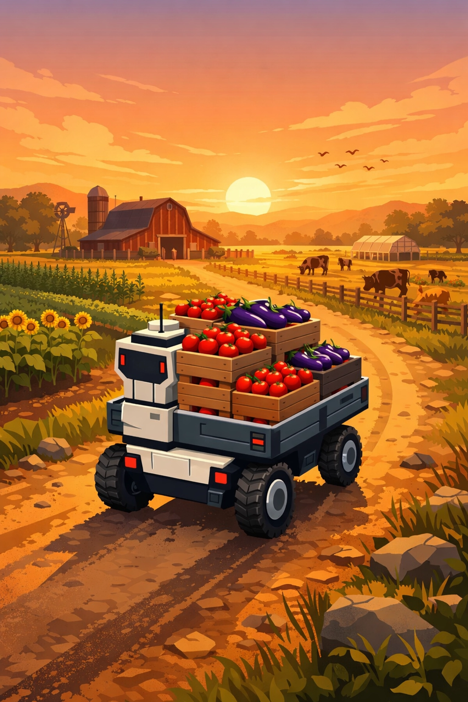 An autonomous modular robot hauling crates of fresh vegetables toward a barn on a diversified farm.