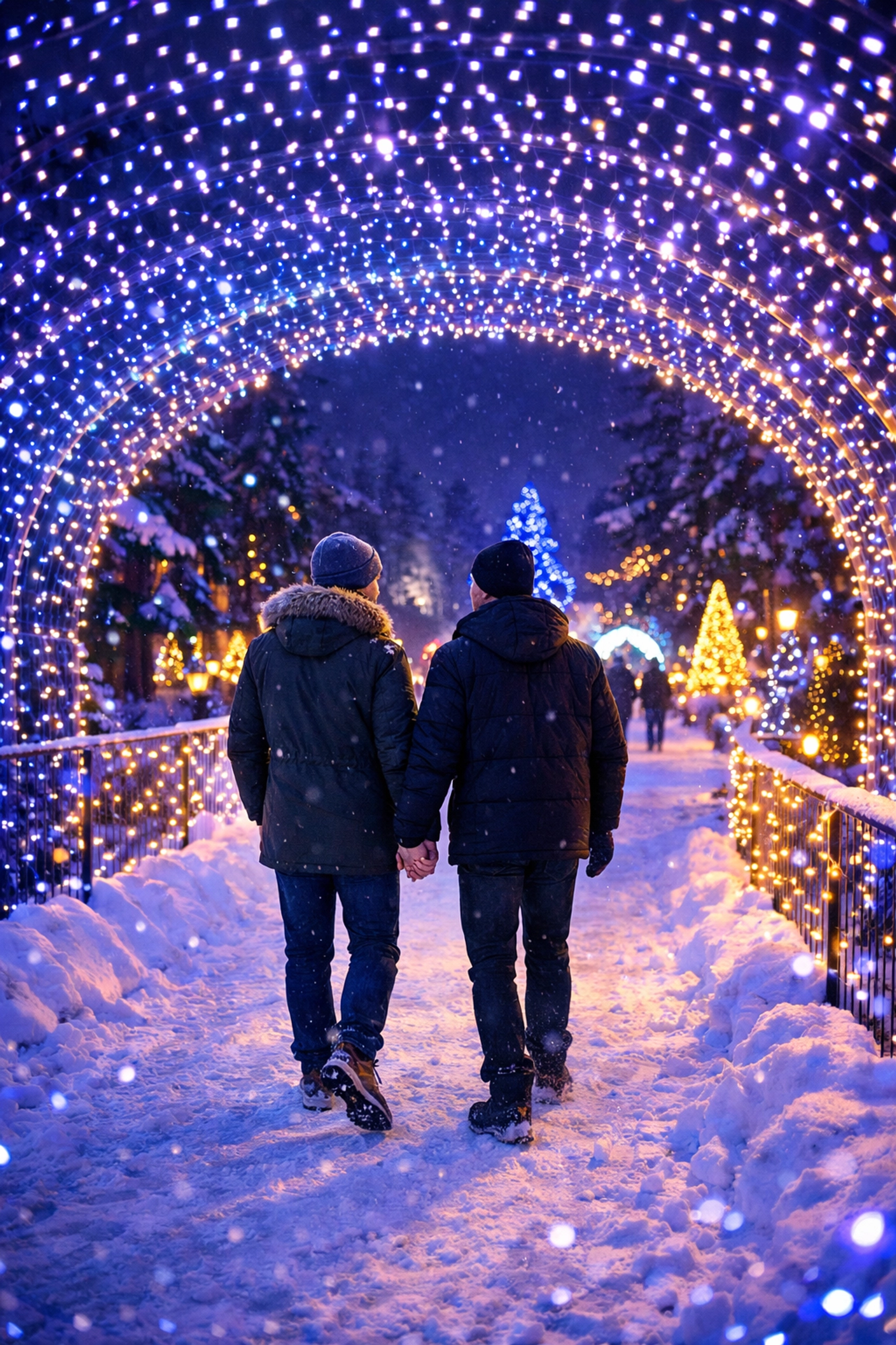 Gay couple walking through Zoo Lights Festival at Assiniboine Park Winnipeg winter