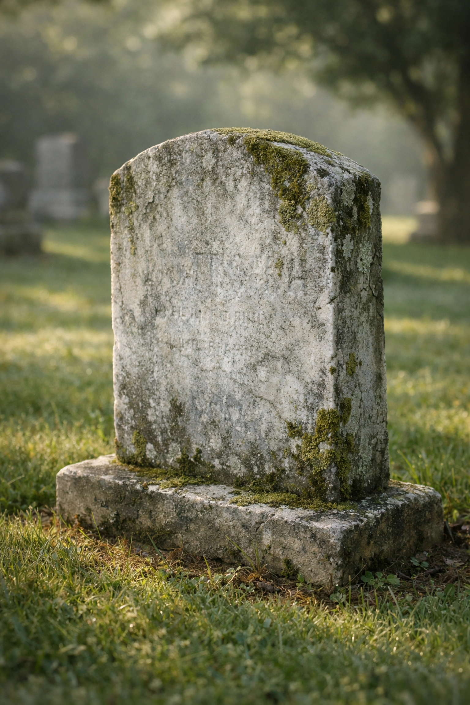 Weathered marble headstone with moss and lichen growth requiring professional cleaning