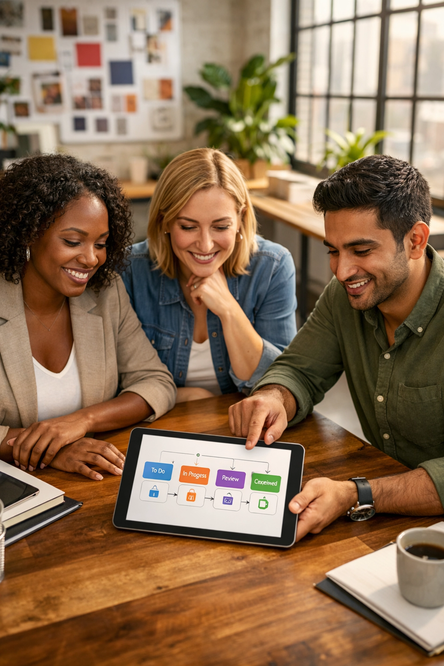 Diverse professional team reviewing a workflow chart on a tablet for structured HR and business clarity.