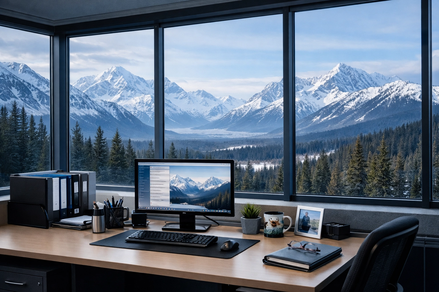 Alaska business office with mountain views representing professional liability protection