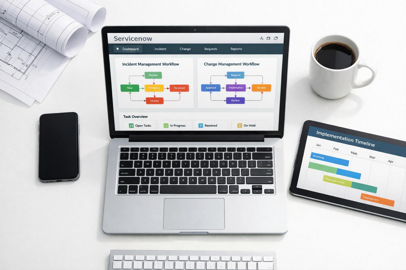 ServiceNow dashboard and implementation planning workspace with project timelines and workflows