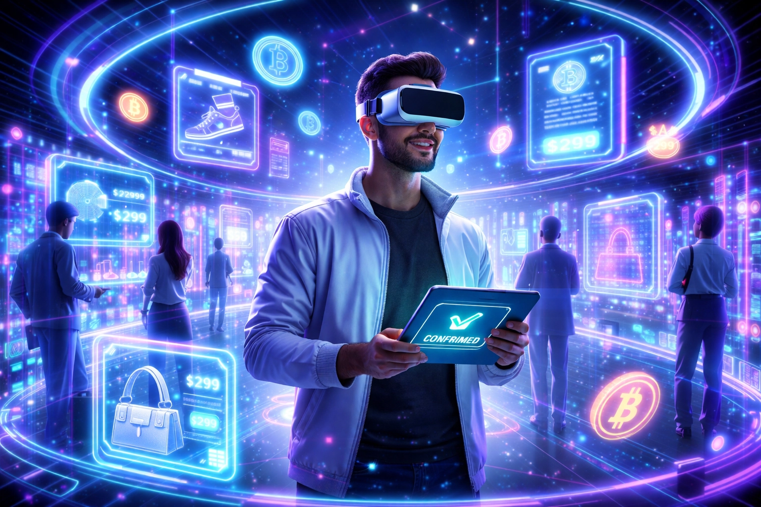 Small business owner uses VR to manage a crypto-powered virtual store, displaying NFT receipts and digital products in the metaverse.